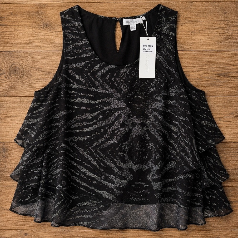 Lucy Paris Women Black Silver Metallic Zebra Print Layered Tank Top NWT Large